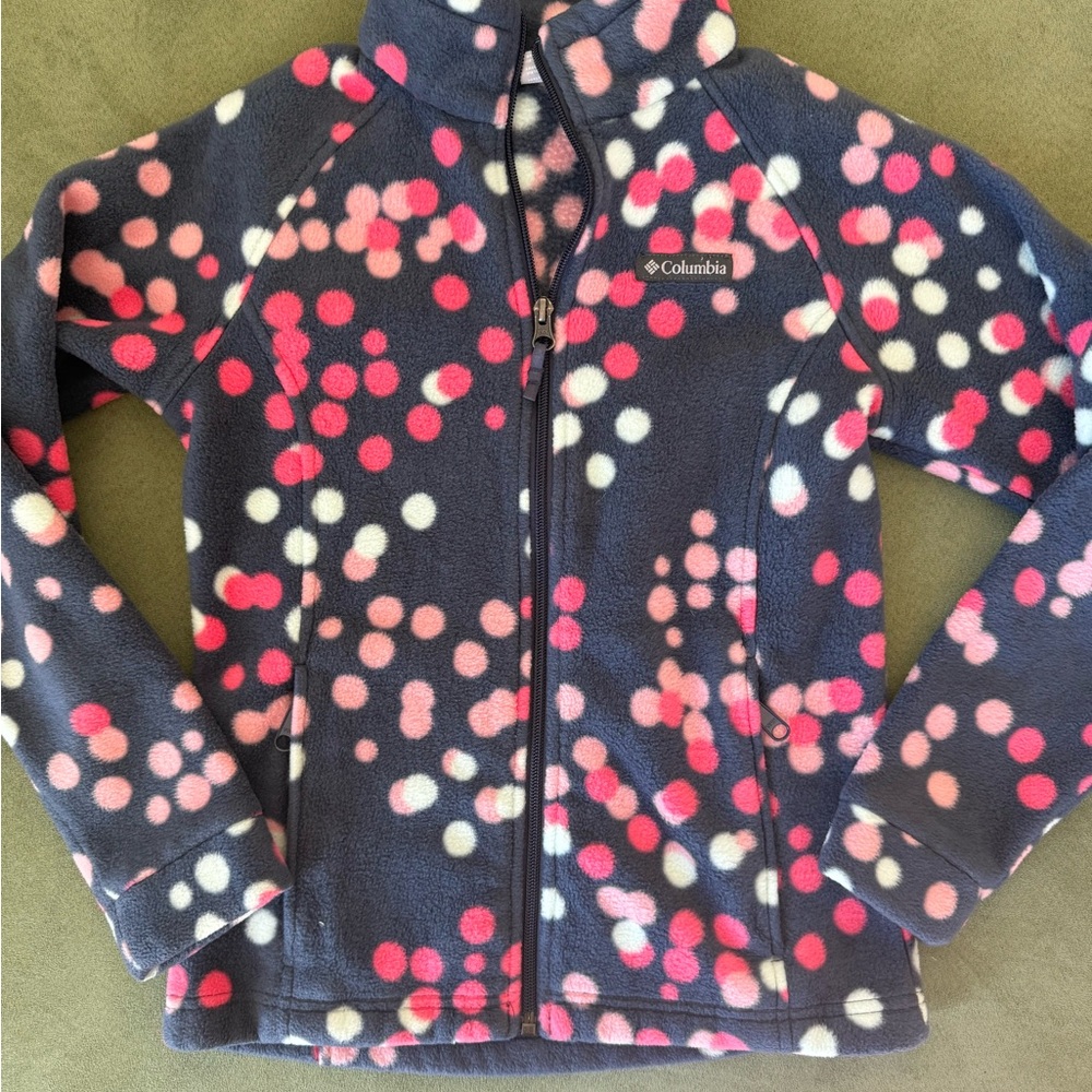 Columbia Navy Fleece Jacket with Pink and White Dots